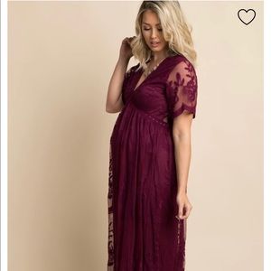 Burgundy Lace Mesh Overlay Maternity Maxi Dress